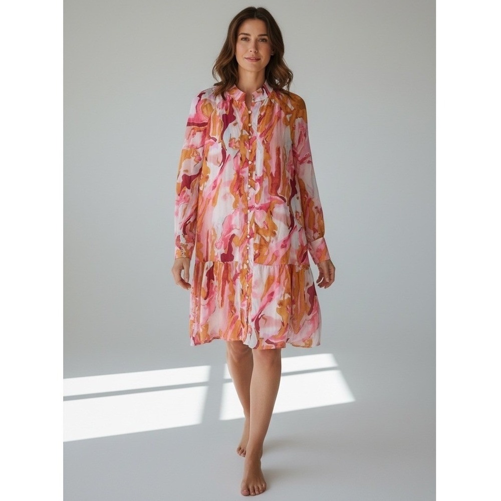 Fashion Pink Orange Abstract Print Button Down Ruffle Hem Mini Shirt Dress M NEW
